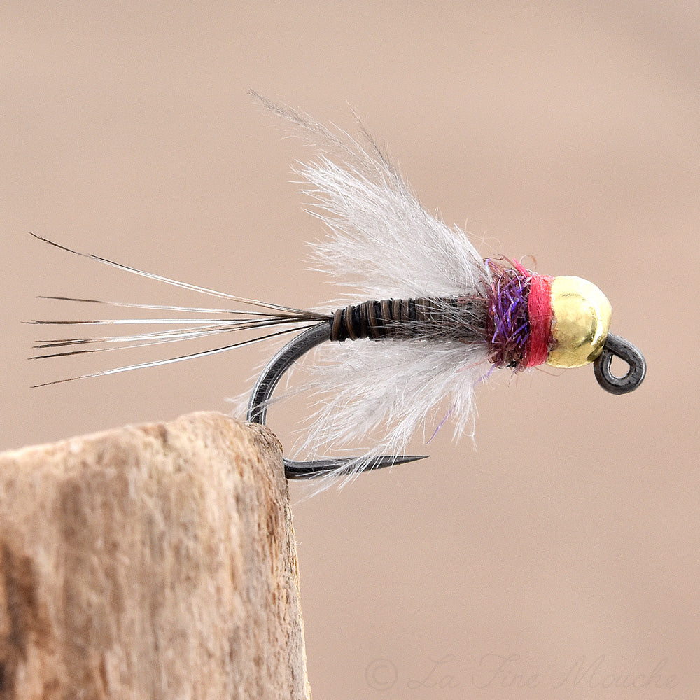 Nymphe Jig "Red Purple" Marabout Gris - Bille Or en tungstène