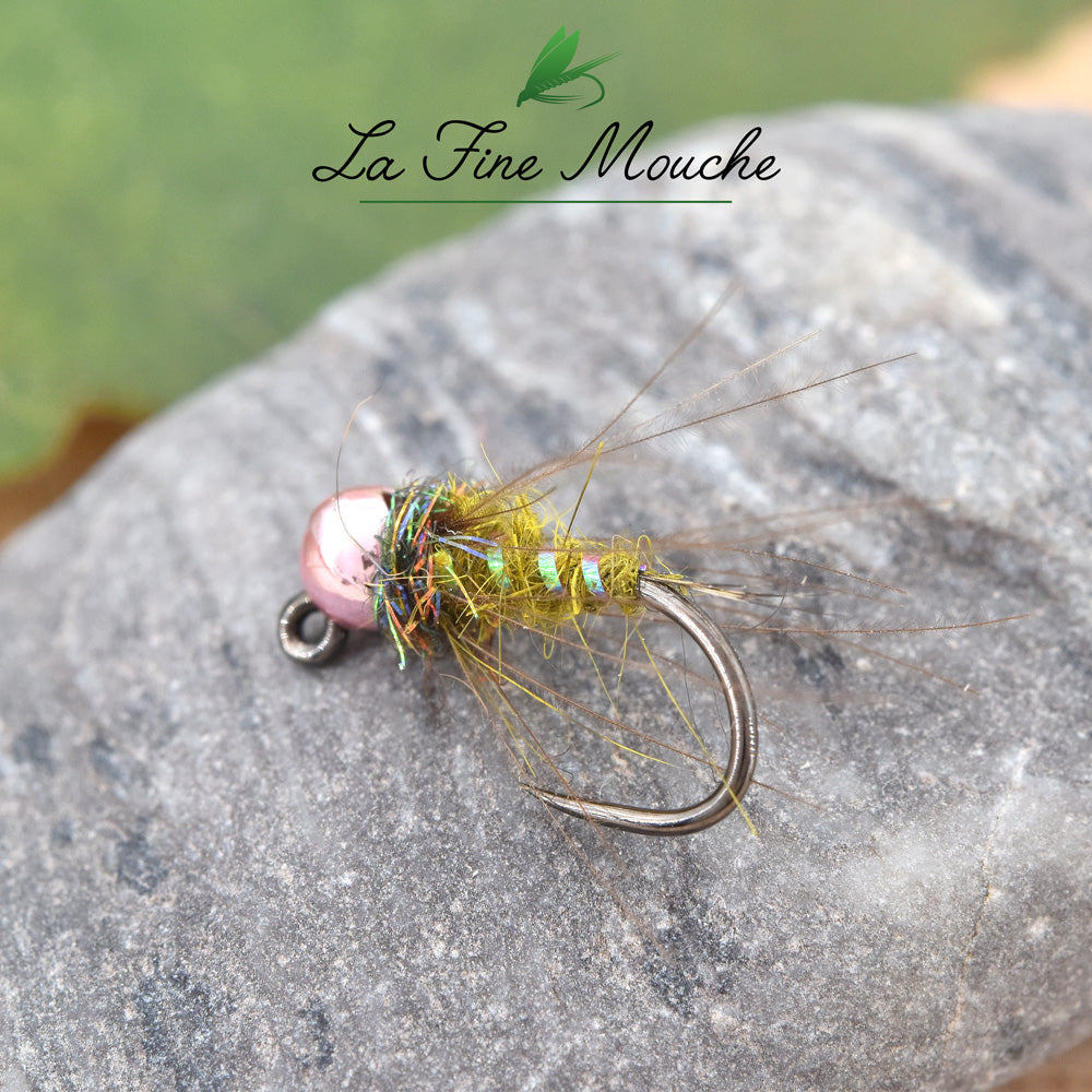 Nymphe CDC Jig Green Body - TACTICAL SERIES - Bille Rose en tungstène