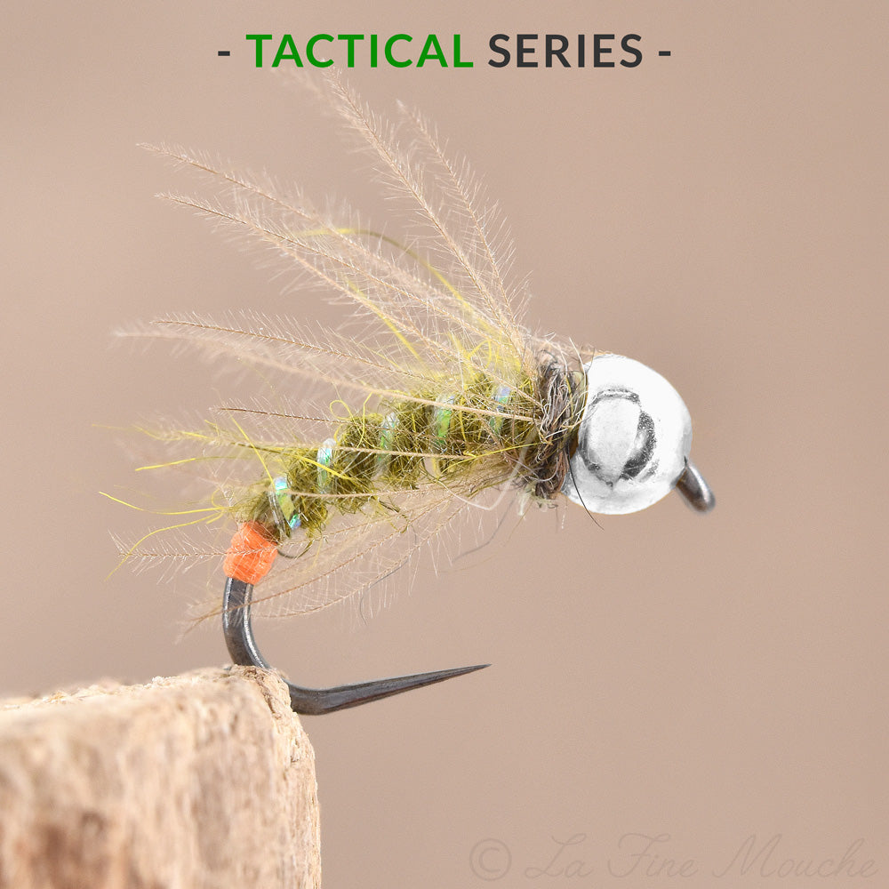 Nymphe CDC Green Caddis Orange Tag - TACTICAL SERIES - Bille ARGENT