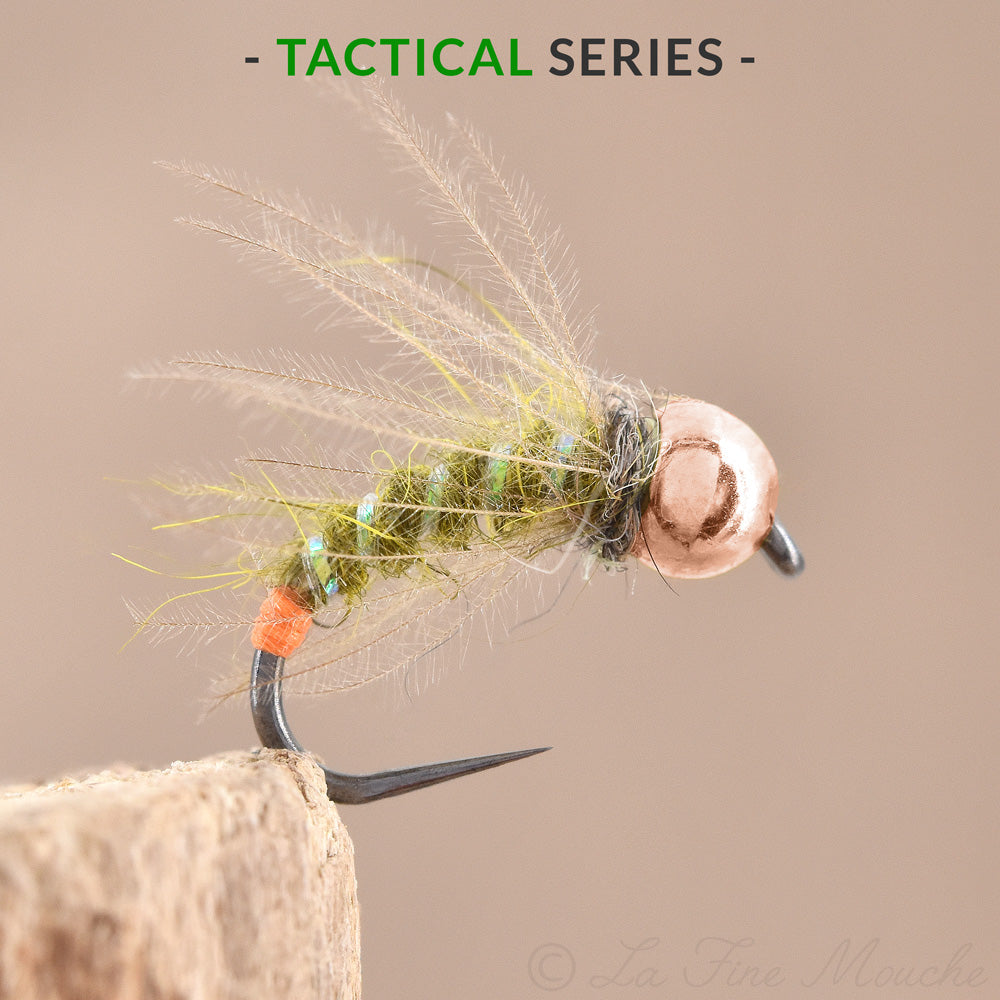 Nymphe CDC Green Caddis Orange Tag TACTICAL SERIES Bille CUIVRE