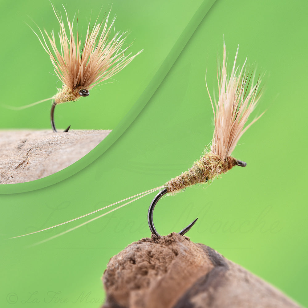 Mouche Sèche Éphémère corps en kapok Olive Montage Comparadun en chevreuil