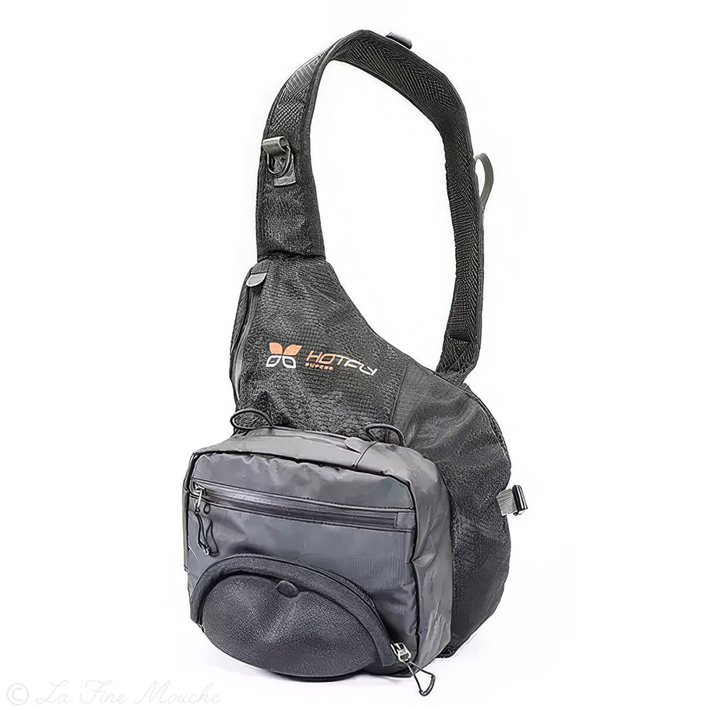 Sac à dos de pêche pivotant Tactical SP Black Edition Hotfly type sling pack avec rangements intégrés
